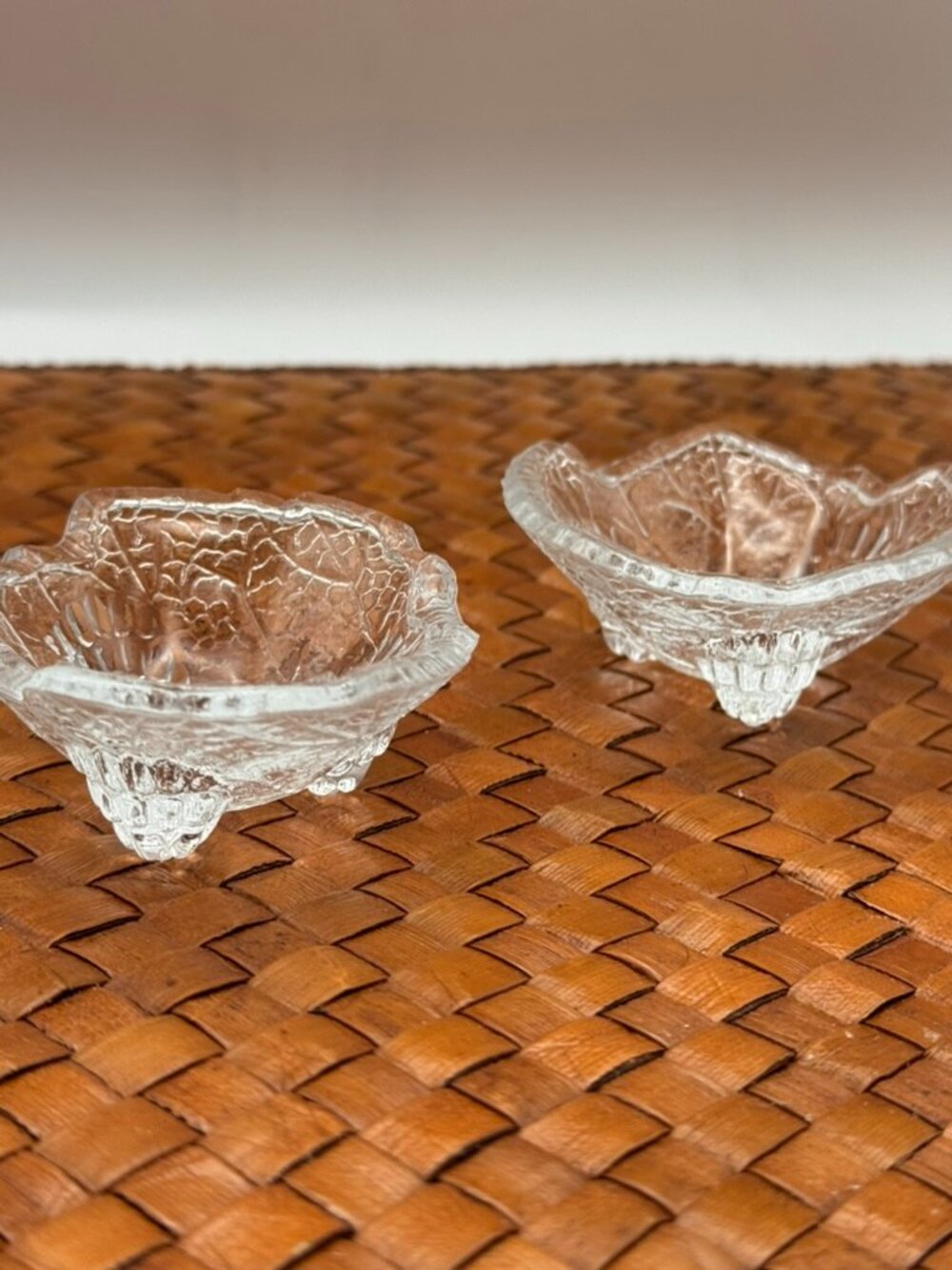vintage Fostoria Grape Leaf clear glass salt cellars